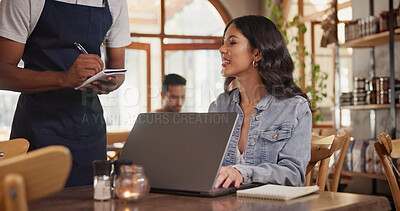 Buy stock photo Laptop, order and waiter with woman in restaurant for menu option, freelancer and lunch break. Smile, cafe and remote worker with customer in coffee shop for drinks request, hospitality and tech
