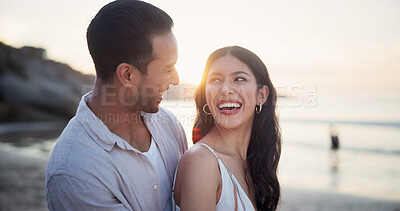Buy stock photo Love, tender or couple at beach with smile, romantic moment or bonding together on summer holiday. Flare, space or people with security, partner connection or happy relationship on outdoor trip.
