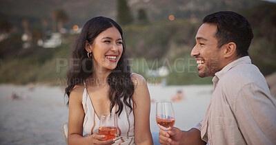 Buy stock photo Love, happy or couple at beach with wine, holiday together or bonding with anniversary celebration. Smile, honeymoon or people with alcohol, partner connection or special moment on outdoor getaway.