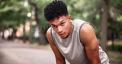 Buy stock photo Fatigue, portrait and man at park, fitness and breathing after physical activity and tired on break. Exhausted, runner and workout recovery in nature, space and person with sweat or health on weekend