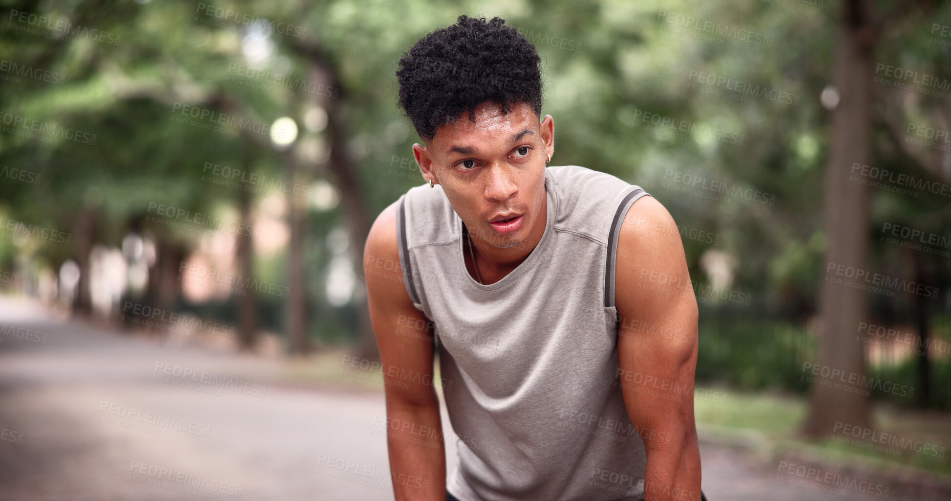 Buy stock photo Man, thinking and fatigue at park, fitness and breathing after physical activity and tired on break. Exhausted, runner and workout recovery in nature, space and person with sweat or health on weekend