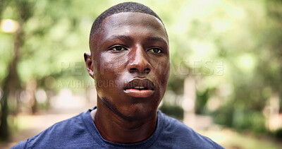 Buy stock photo Man, sweating and fatigue at park, fitness and breathing after physical activity and tired on break. Exhausted, black person and workout recovery in nature, thinking runner and wellness on weekend