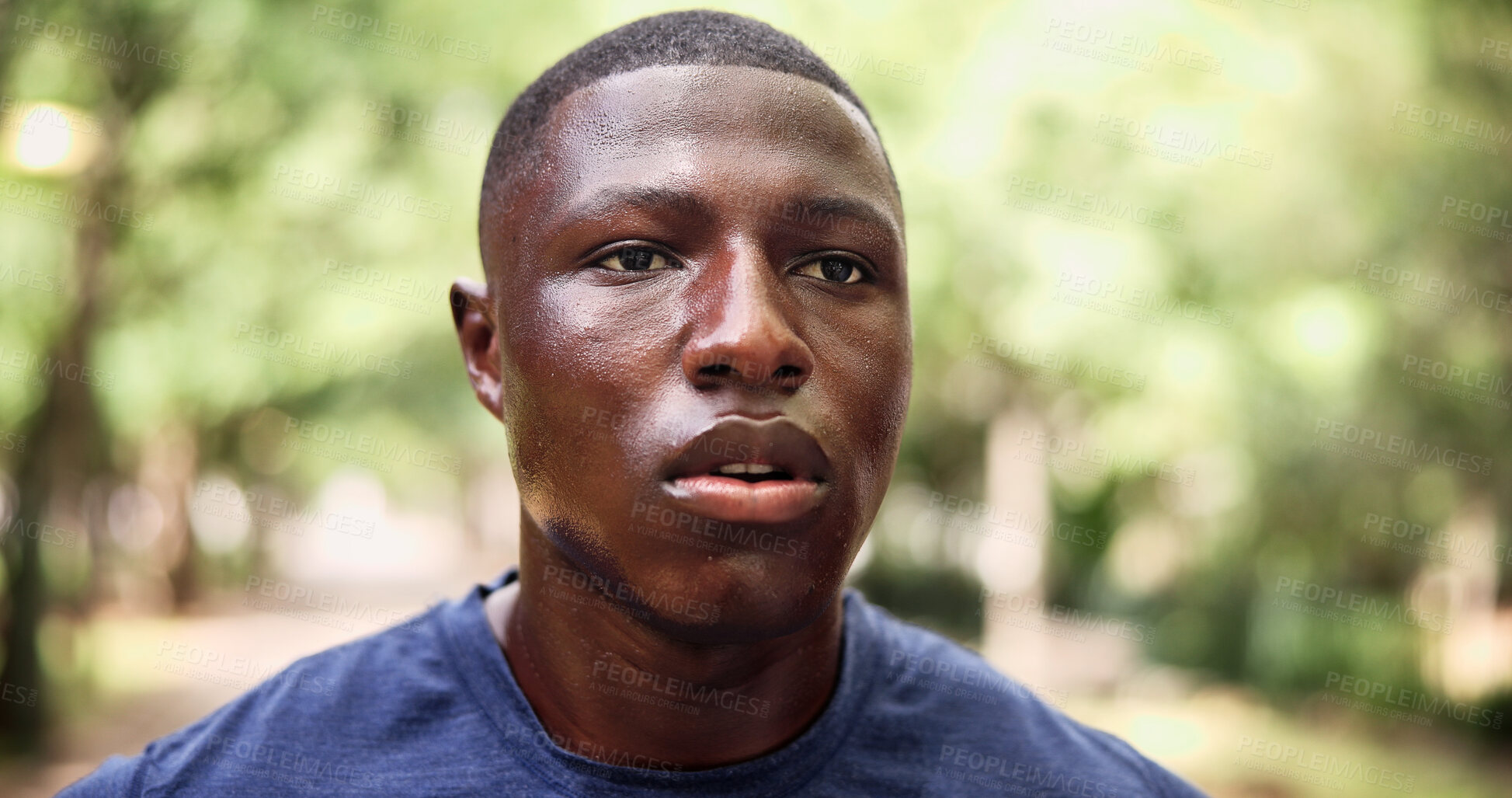 Buy stock photo Man, sweating and fatigue at park, fitness and breathing after physical activity and tired on break. Exhausted, black person and workout recovery in nature, thinking runner and wellness on weekend