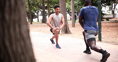 Buy stock photo People, friends and stretching in nature for fitness, getting ready and start exercise for running. Athlete, runner and warm up lunges at park for training, workout and physical activity for wellness