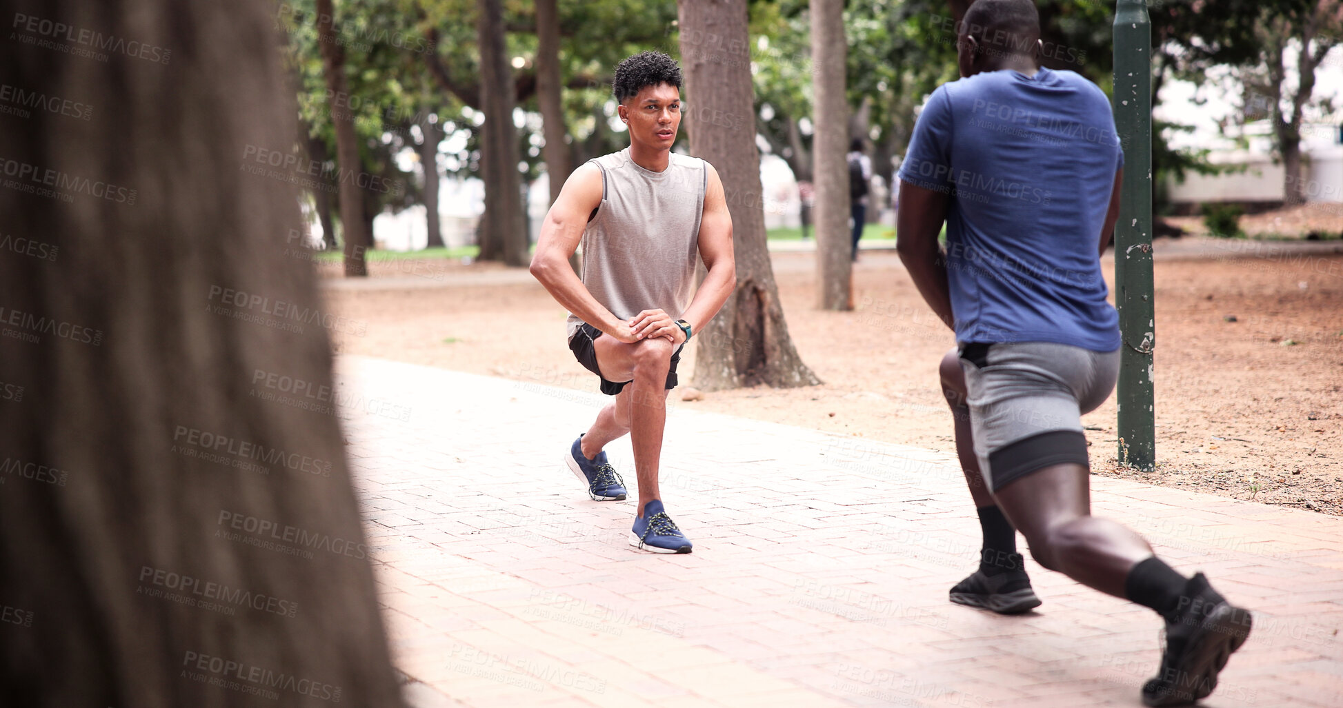 Buy stock photo People, friends and stretching in nature for fitness, getting ready and start exercise for running. Athlete, runner and warm up lunges at park for training, workout and physical activity for wellness