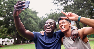 Buy stock photo Fitness, friends and men at park, selfie and profile picture on social media after physical activity. Outdoor, athlete and happy people on workout break, photography and memory on website in nature