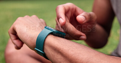 Buy stock photo Fitness, person and hands with smart watch for heart rate, calories or monitoring performance in nature. Active, runner or checking health with wristwatch for step counter, workout app or exercise