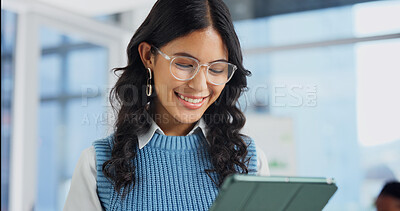 Buy stock photo Happy, creative and woman on tablet in office for social media review, website and digital marketing. Startup, glasses and person on tech for research, planning and project for advertising campaign