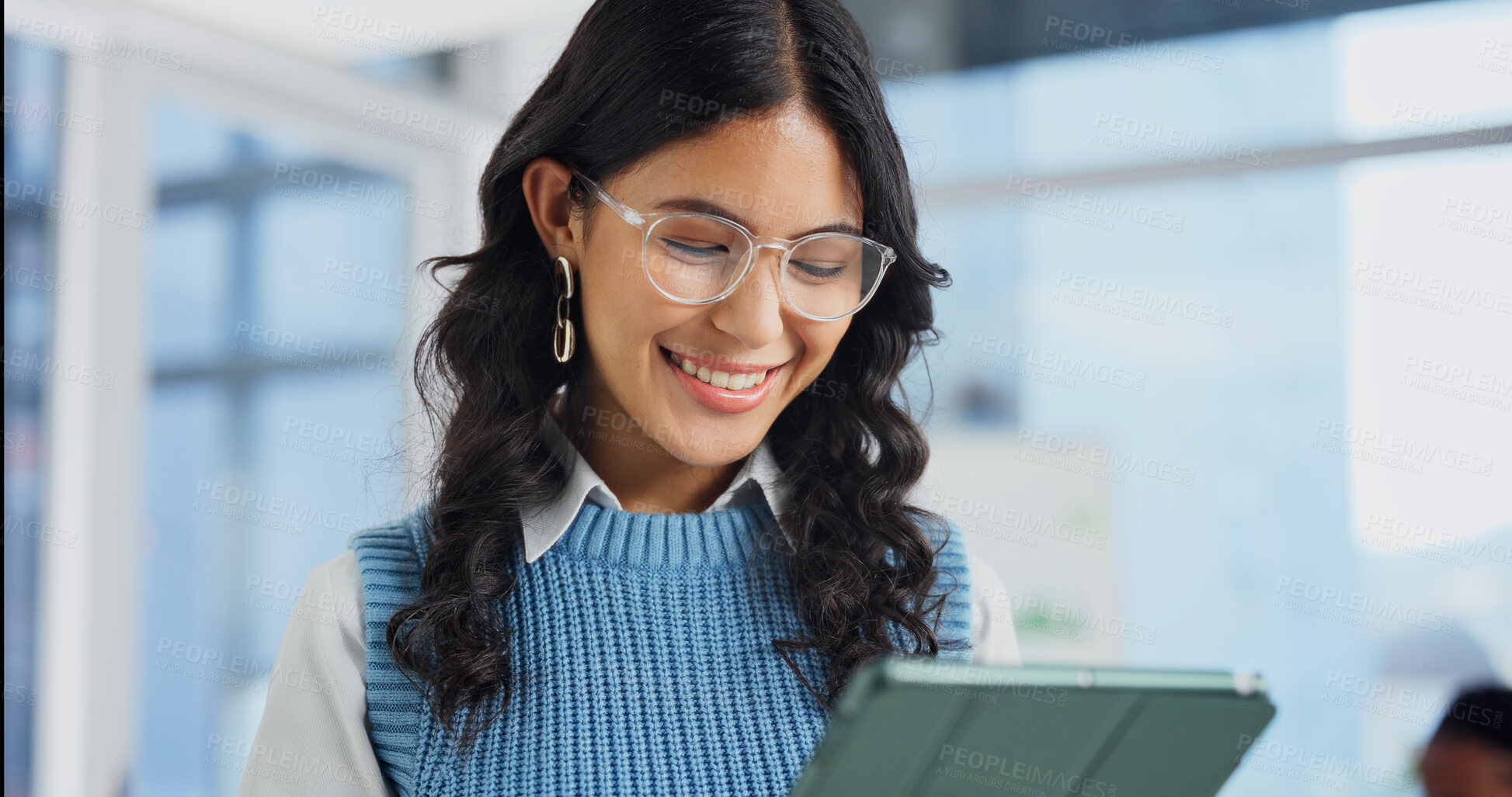 Buy stock photo Happy, creative and woman on tablet in office for social media review, website and digital marketing. Startup, glasses and person on tech for research, planning and project for advertising campaign