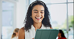 Laugh, creative and business woman on tablet for social media review, website and digital marketing. Office, happy and person on tech for research, planning and funny post for advertising campaign