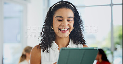 Buy stock photo Laugh, creative and business woman on tablet for social media review, website and digital marketing. Office, happy and person on tech for research, planning and funny post for advertising campaign