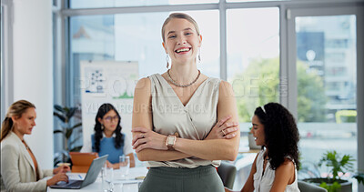 Buy stock photo Meeting, crossed arms and portrait of businesswoman in office with confidence for finance career. Professional, happy and financial advisor with pride for about us or job opportunity in workplace.