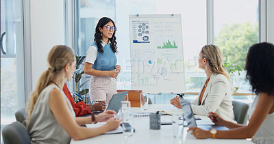 Buy stock photo Presentation, graphs and woman with team for meeting, feedback and planning for sales review. Startup, office and people with statistics for marketing report, profit increase and growth for campaign