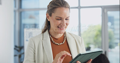 Buy stock photo Tablet, happy and businesswoman in office with research, communication or email update on finance report. Smile, digital technology and financial manager with feedback on investment proposal.