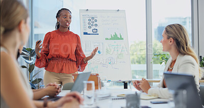 Buy stock photo Presentation, talking and woman with graphs for meeting, feedback and planning for sales report. Startup, office and people with statistics for marketing, profit increase and growth for campaign