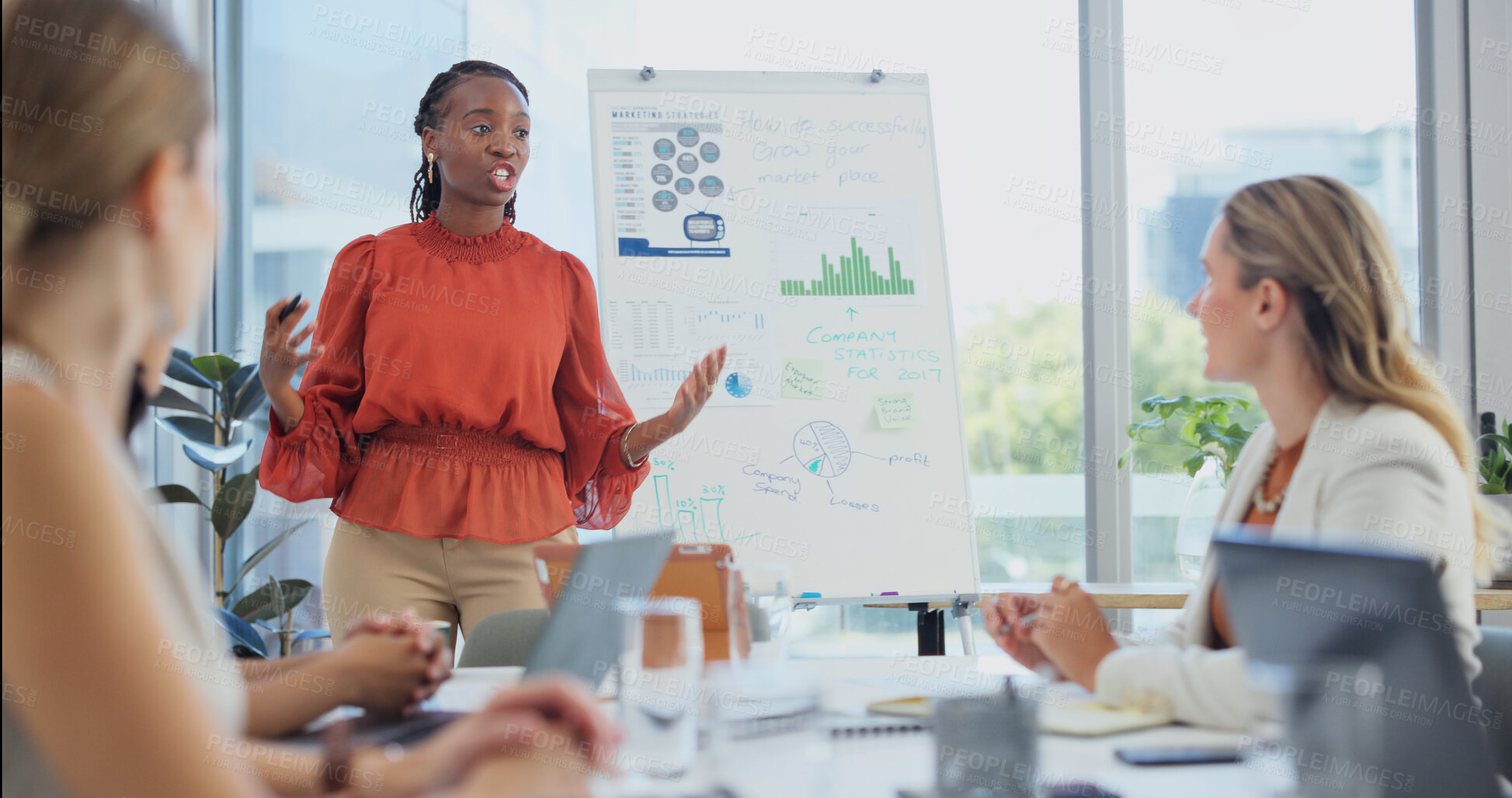 Buy stock photo Presentation, talking and woman with graphs for meeting, feedback and planning for sales report. Startup, office and people with statistics for marketing, profit increase and growth for campaign