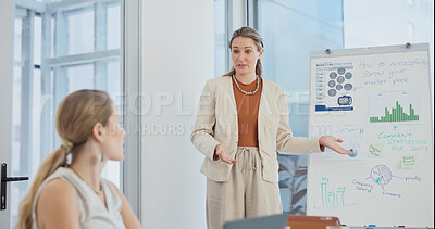 Buy stock photo Presentation, manager and woman with graphs for meeting, planning and workshop for marketing growth. Office, talking and people with whiteboard, chart and statistics for feedback, review and research