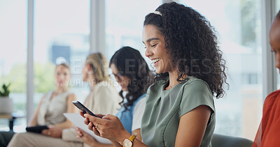 Buy stock photo Woman, phone and reading in workshop for business, seminar programme and notes app in row. Employee, mobile and smile in company forum for development opportunity, upskill training and information