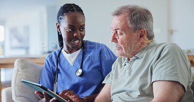 Buy stock photo Tablet, talking and nurse with old man in home living room for consulting or feedback. App, conversation and medical support with caregiver on sofa in apartment to explain results to senior patient