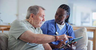 Buy stock photo Healthcare, tablet and nurse talking to old man in home living room for consulting or feedback. App, conversation and support with caregiver on chair in apartment to explain results to senior patient