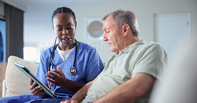 Buy stock photo Healthcare, tablet and nurse speaking to old man in home living room for consulting or feedback. App, conversation and medical support with caregiver in apartment to explain results to senior patient
