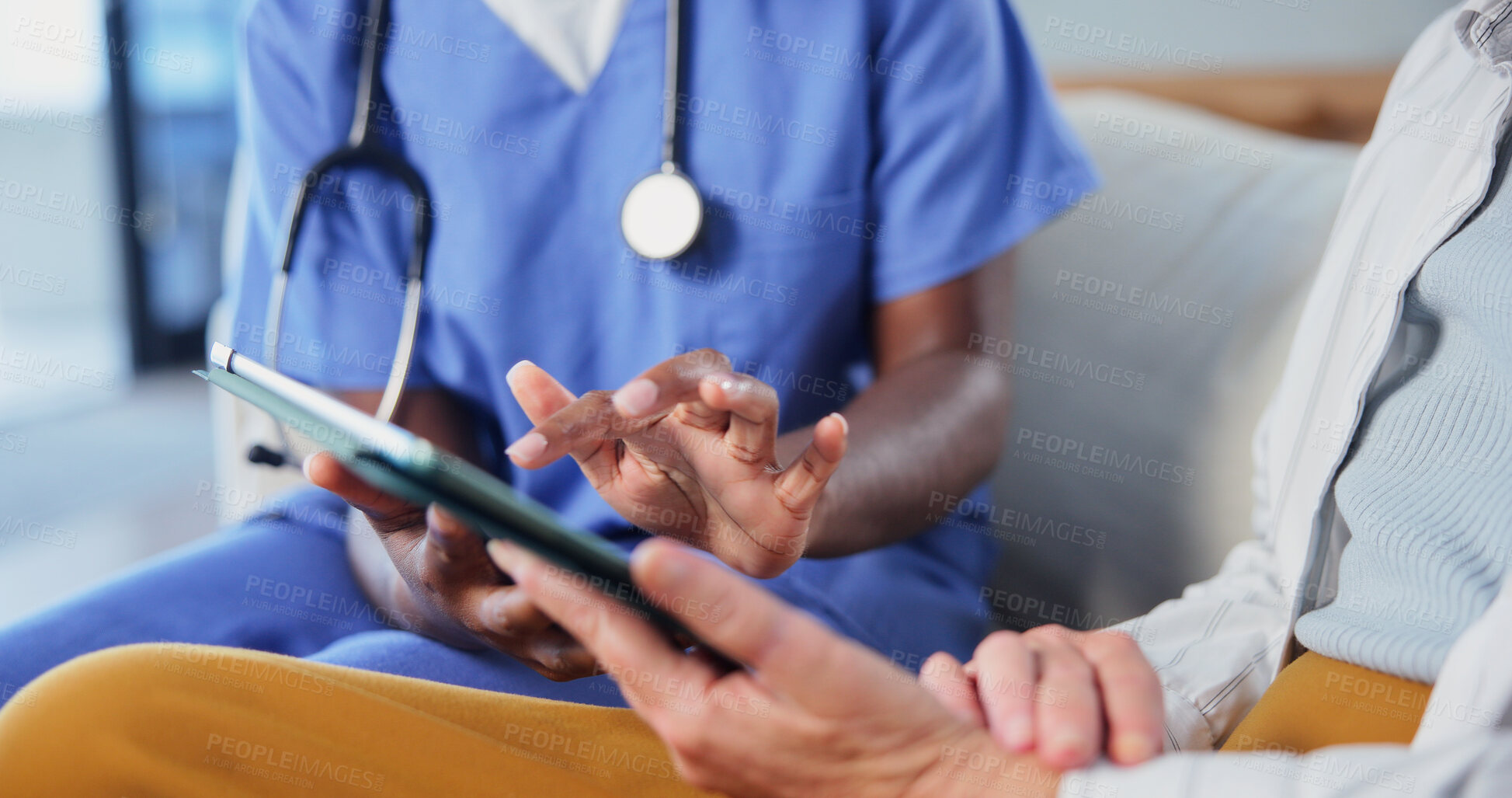 Buy stock photo Hands, healthcare and tablet of nurse with person in home living room for consulting or feedback. App, conversation and support with caregiver on chair in apartment to explain results to patient