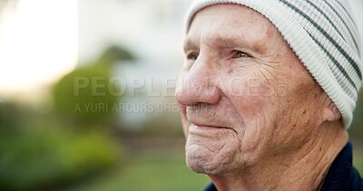 Buy stock photo Thinking, smile and senior man outdoor with reflection, nostalgia or planning retirement. Relax, remember and elderly person in backyard with memory, choice or decision for pension on weekend break.