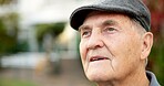 Old man, thinking and retirement reflection outdoor with space, nostalgia and past perspective. Vision, mindset and male pensioner with memory, history and mindfulness with thoughts in garden