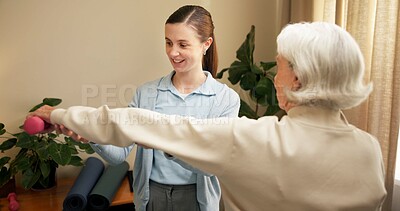Buy stock photo Happy, physiotherapist and old woman with dumbbell, stretching or workout routine to improve posture. Physical therapy, rehabilitation and support for senior person, fitness and exercise for wellness
