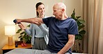 Happy, physiotherapist and old man with dumbbell, stretching and workout routine to improve posture. Physical therapy, rehabilitation and support for senior person, fitness and exercise for wellness