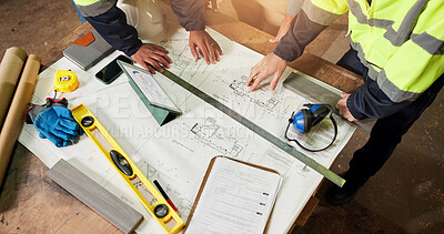 Buy stock photo Hands, team and blueprint at worksite for architecture, project management and design evaluation. Above, engineer people and floorplan with tech for remodeling process, collaboration or brainstorming