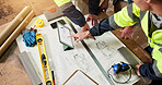 Hands, team and blueprint with tablet screen for architecture, project management and pointing. Above, engineer people and floorplan with tech for stock pricing, design evaluation or brainstorming