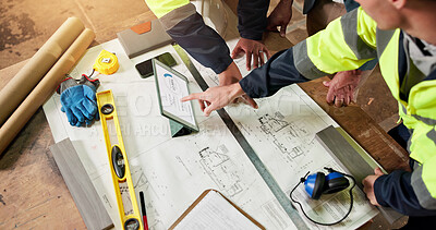 Buy stock photo Hands, team and blueprint with tablet screen for architecture, project management and pointing. Above, engineer people and floorplan with tech for stock pricing, design evaluation or brainstorming
