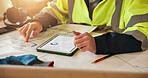 Hands, engineer and blueprint with tablet for construction, layout and architecture for expansion. Person, review or document with digital screen for floor plan, illustration and building development