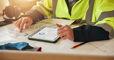 Buy stock photo Hands, engineer and blueprint with tablet for construction, layout and architecture for expansion. Person, review or document with digital screen for floor plan, illustration and building development
