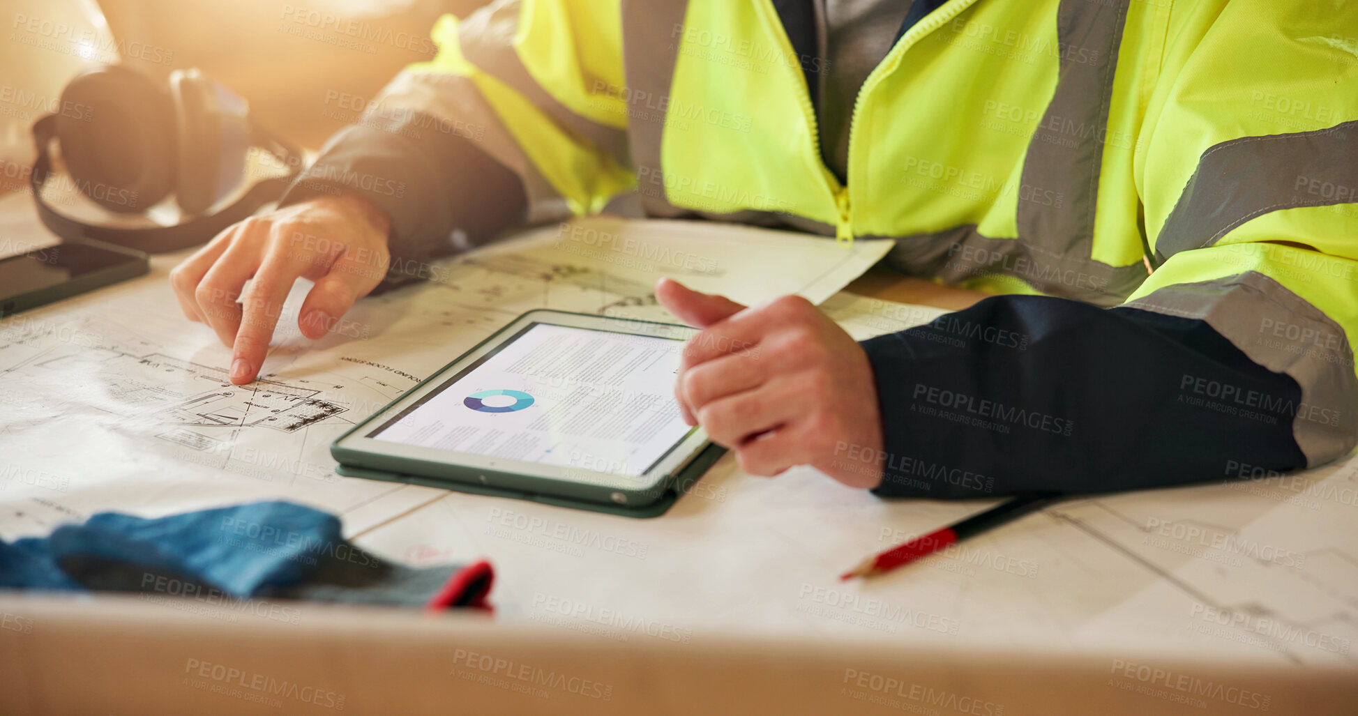 Buy stock photo Hands, engineer and blueprint with tablet for construction, layout and architecture for expansion. Person, review or document with digital screen for floor plan, illustration and building development