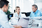 Business people, coworking or meeting with documents in office, man and laptop with happy project discussion. Paperwork, team or colleagues with smile for proposal review or check report with tech