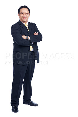 Buy stock photo Smart Asian representative stands with his arms crossed while isolated on white - Copyspace