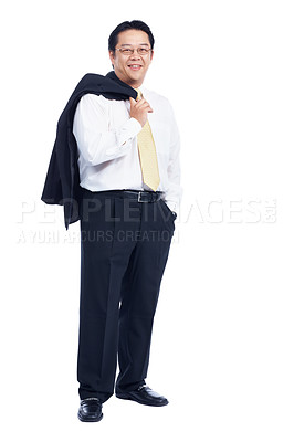 Buy stock photo Asian representative stands confidently with his jacket over his shoulder - isolated on white