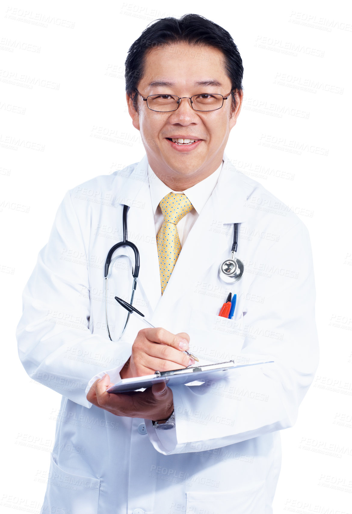 Buy stock photo Portrait of a young Asian doctor writing on a document while isolated on white