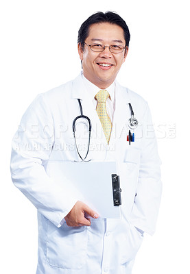 Buy stock photo Happy Asian GP stands with his medical chart as he looks at you - Isolated on white