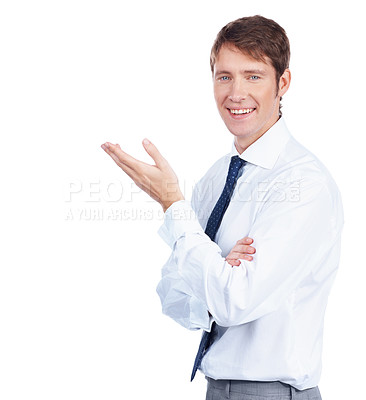 Buy stock photo Young caucasian manager points something out to you while isolated on white