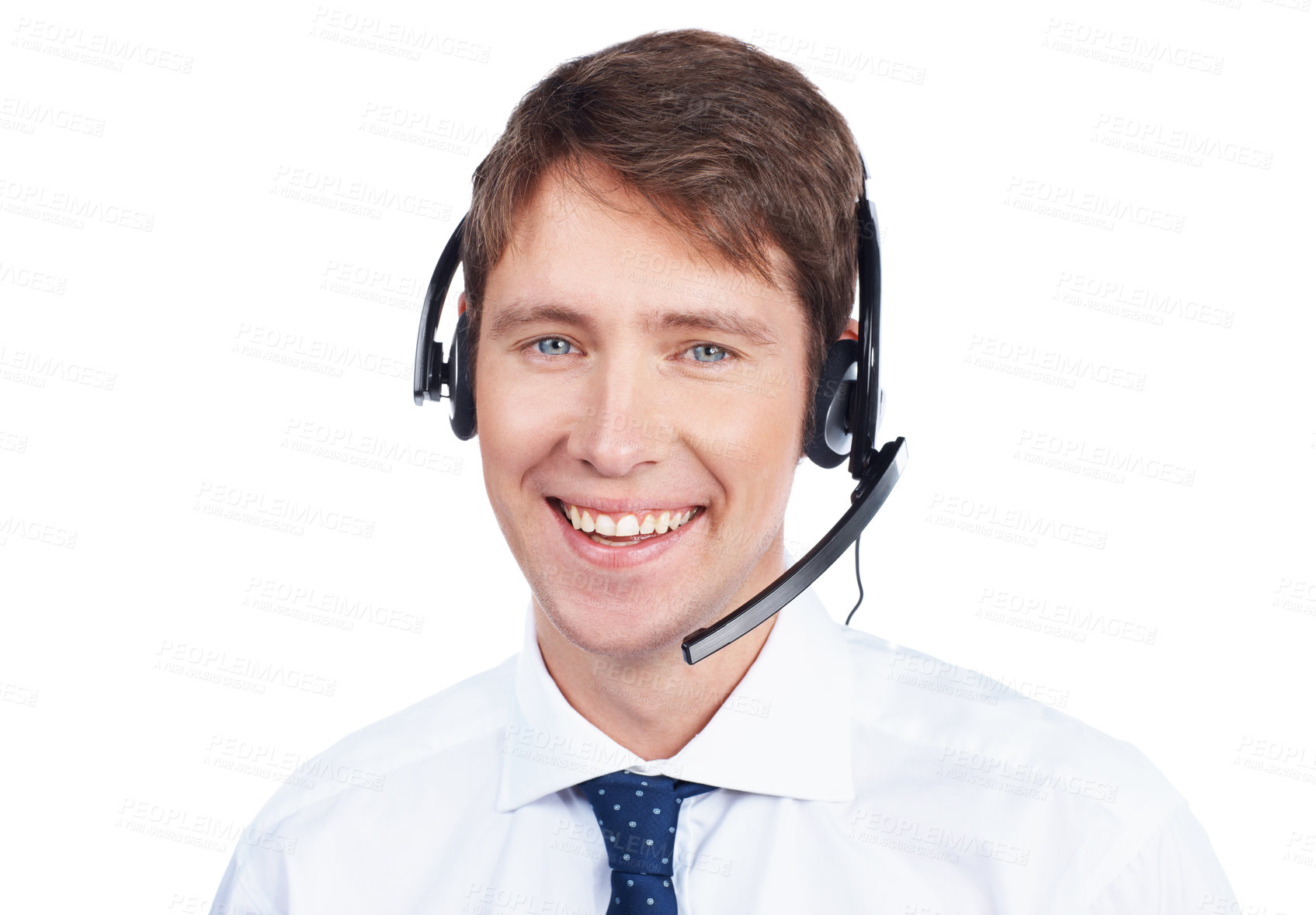 Buy stock photo Positive young call operator smiles at you while isolated on white