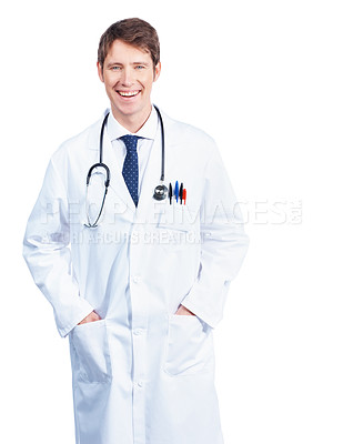 Buy stock photo Positive young MD stands proud in his uniform - Isolated on white