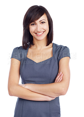 Buy stock photo Lovely businesswoman stands with her arms crossed while isolated on white