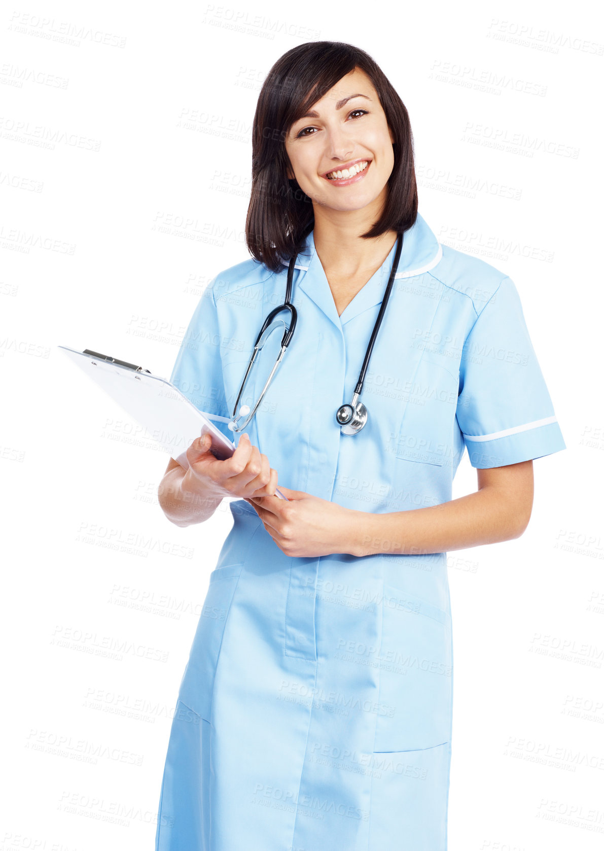 Buy stock photo Pretty nurse stands confidently with her medical chart - Isolated on white
