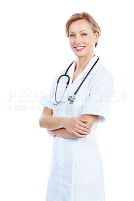 Buy stock photo Proud young female nurse smiles while isolated on white