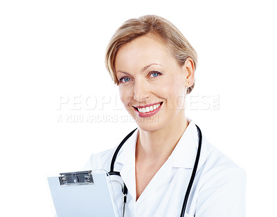 Buy stock photo Eager young nurse stands proudly with her medical chart - Isolated on white