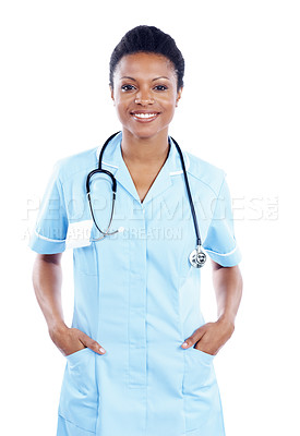 Buy stock photo Positive young African American MD stands proud in her uniform - Isolated on white