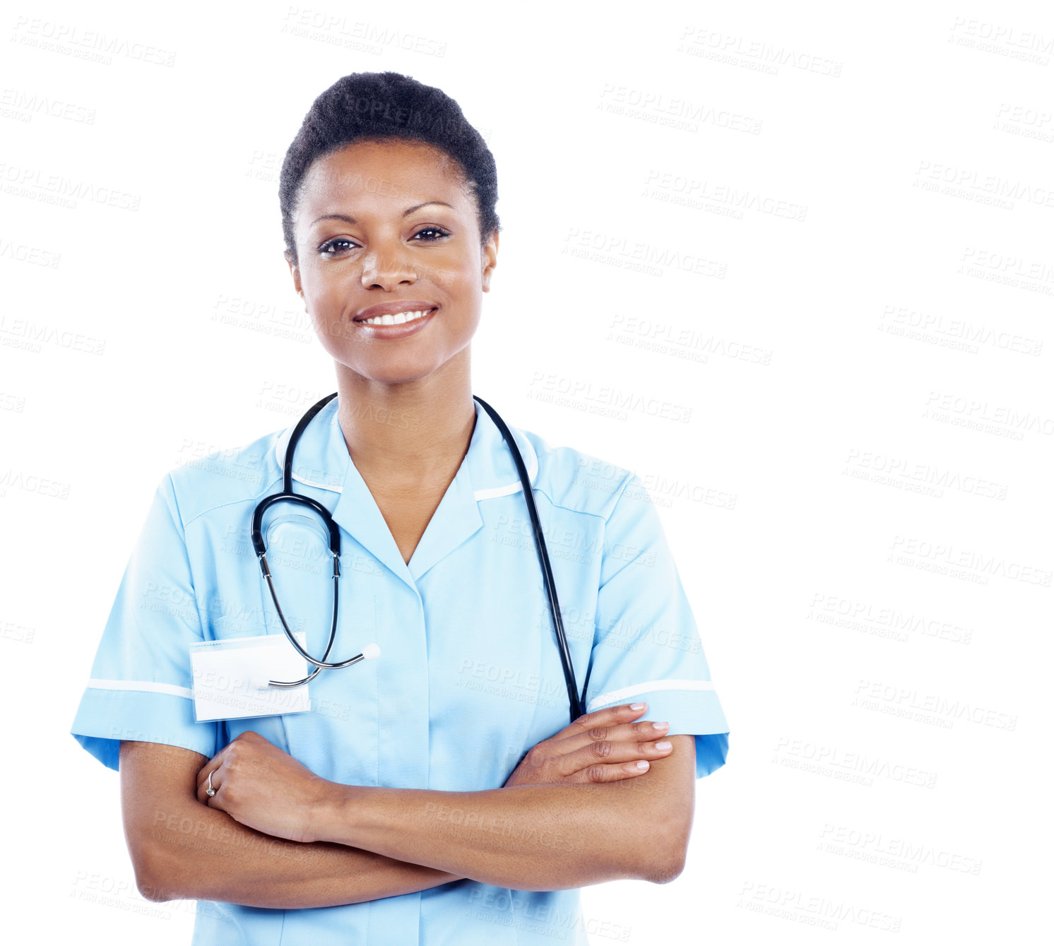Buy stock photo Nurse, smile and arms crossed with black woman in studio for healthcare specialist, about us and pride. Medical advisor, happy and portrait with person on white background for wellness consultant